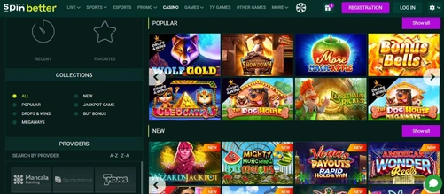 Kasinová lobby SpinBetter na počítači